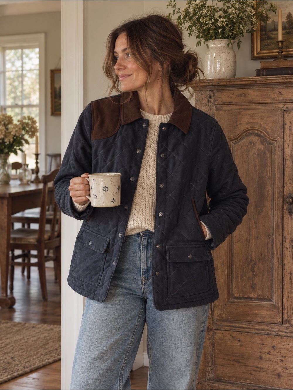 L.L. Bean Quilted Navy Utility Jacket with Brown Corduroy Collar